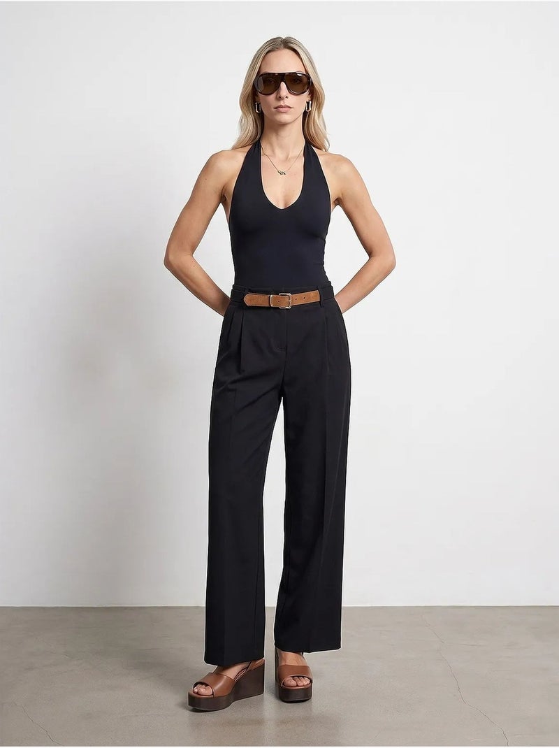 Pantalones de crepé de pernera ancha con cinturón dilvin Negro - Kiabi