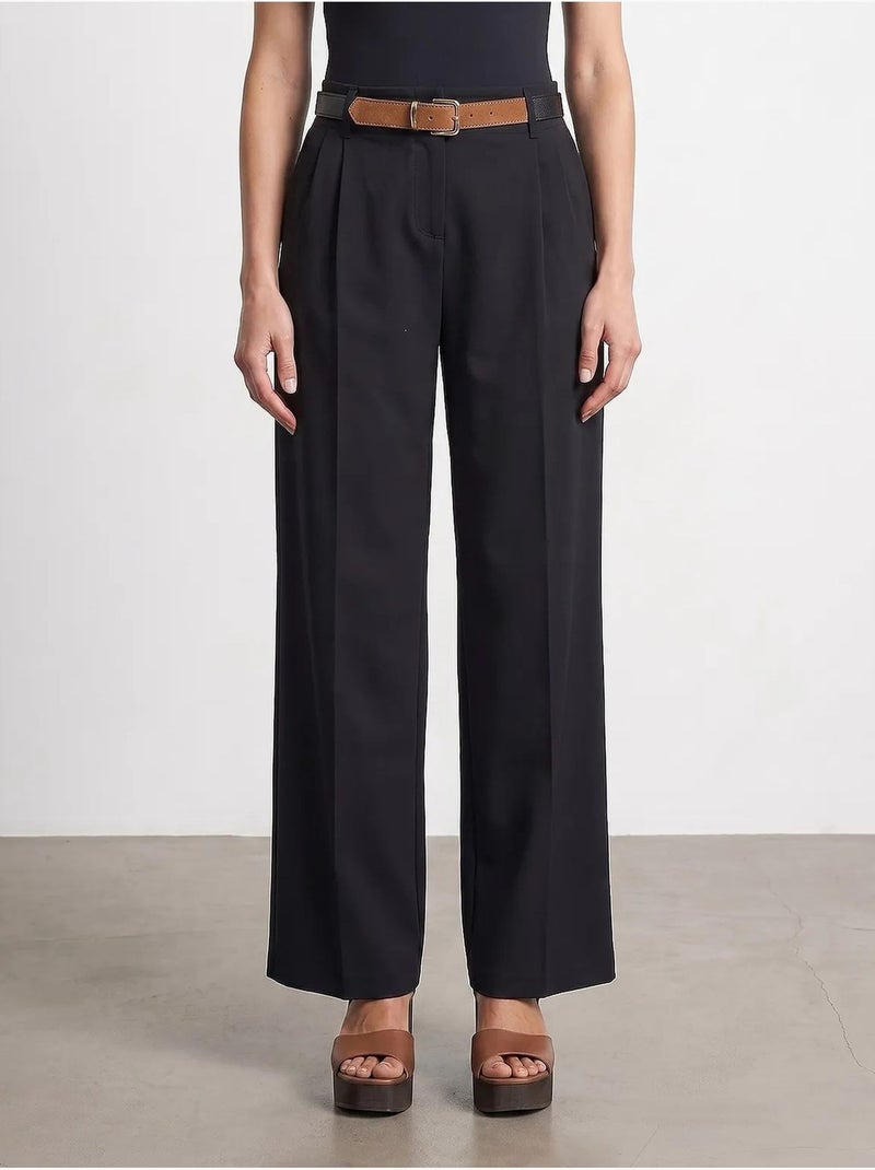 Pantalones de crepé de pernera ancha con cinturón dilvin Negro - Kiabi