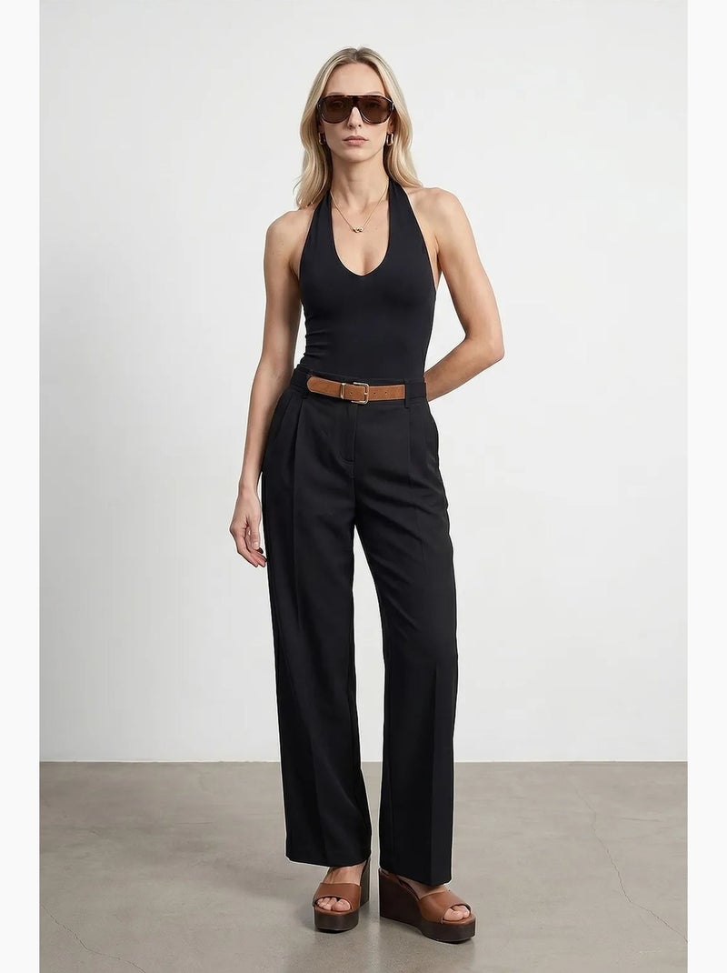 Pantalones de crepé de pernera ancha con cinturón dilvin Negro - Kiabi