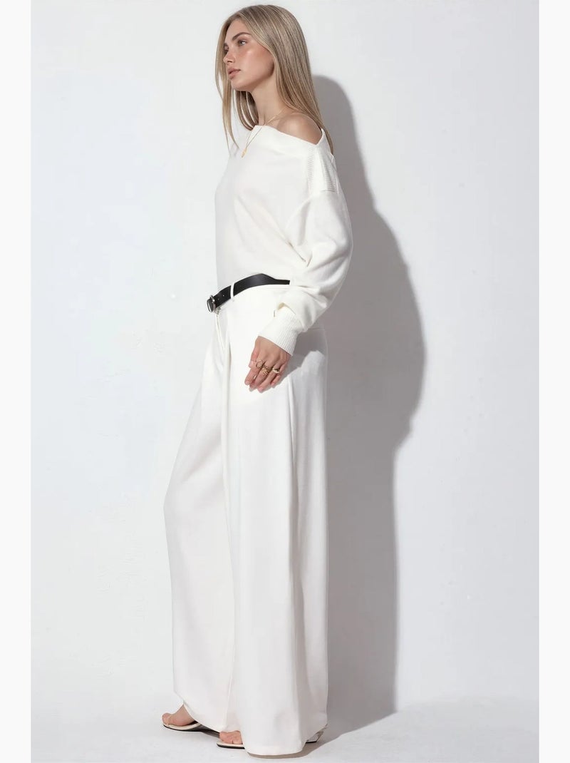 Pantalones de crepé de pernera ancha y cintura alta con cinturón busem Blanco roto - Kiabi