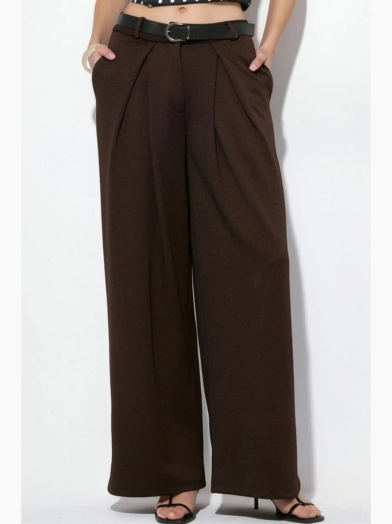 Pantalones de crepé de pernera ancha y cintura alta con cinturón busem Marrón - Kiabi