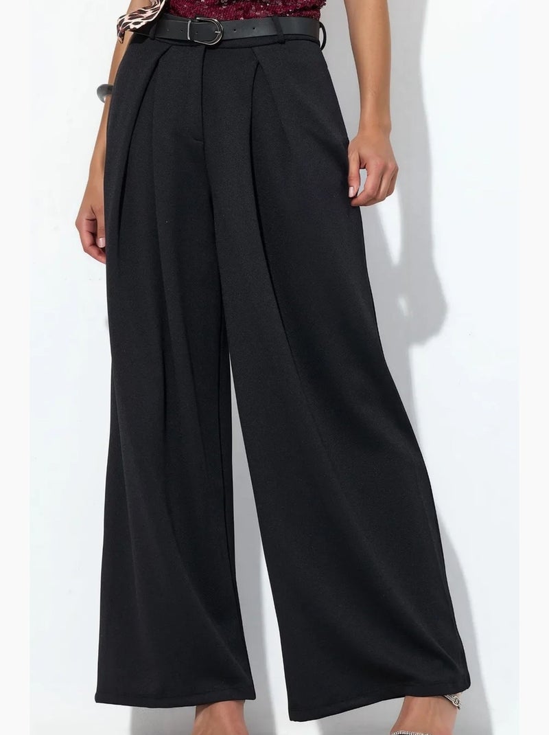 Pantalones de crepé de pernera ancha y cintura alta con cinturón busem Negro - Kiabi