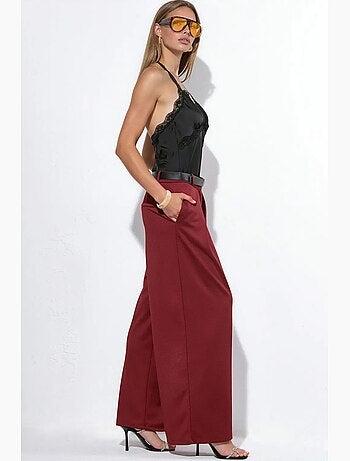 Pantalones de crepé de pernera ancha y cintura alta con cinturón busem
