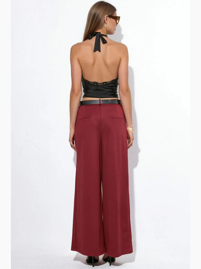 Pantalones de crepé de pernera ancha y cintura alta con cinturón busem Rojo burdeos - Kiabi