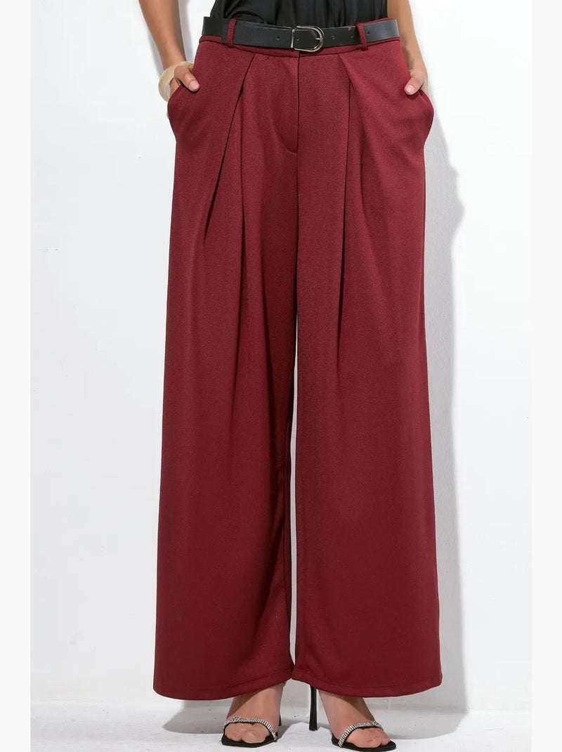 Pantalones de crepé de pernera ancha y cintura alta con cinturón busem Rojo burdeos - Kiabi