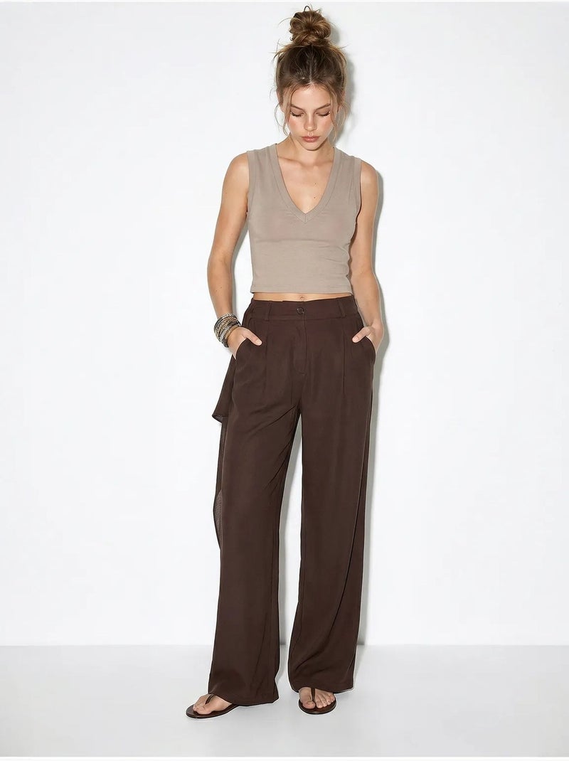 Pantalones de crepé de tiro alto y pernera ancha lucci Marrón chocolate - Kiabi