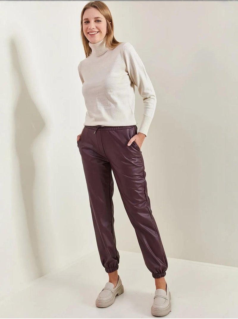 Pantalones de cuero con cintura y puños elásticos lucci Rojo burdeos - Kiabi