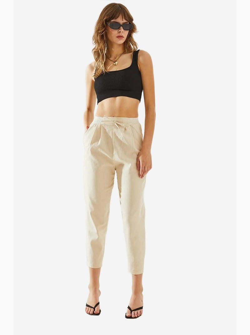 Pantalones de lino con detalle en la cintura y espiga lucci Blanco roto - Kiabi
