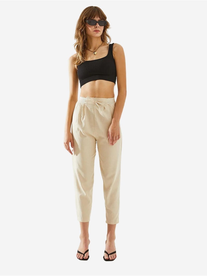 Pantalones de lino con detalle en la cintura y espiga lucci Blanco roto - Kiabi