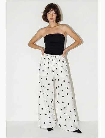 Pantalones de lunares de pernera ancha con cintura para anudar en la cintura lucci