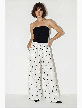 Pantalones de lunares de pernera ancha con cintura para anudar en la cintura lucci