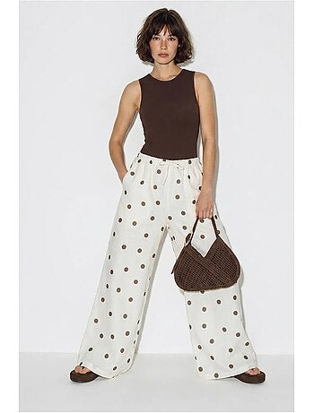 Pantalones de lunares de pernera ancha con cintura para anudar en la cintura lucci