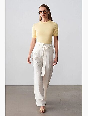 Pantalones de mezcla de lino de pernera ancha con cinturón dilvin