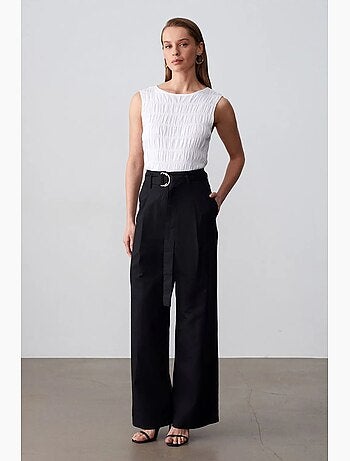 Pantalones de mezcla de lino de pernera ancha con cinturón dilvin