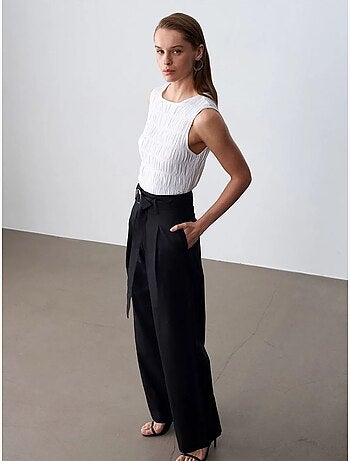 Pantalones de mezcla de lino de pernera ancha con cinturón dilvin