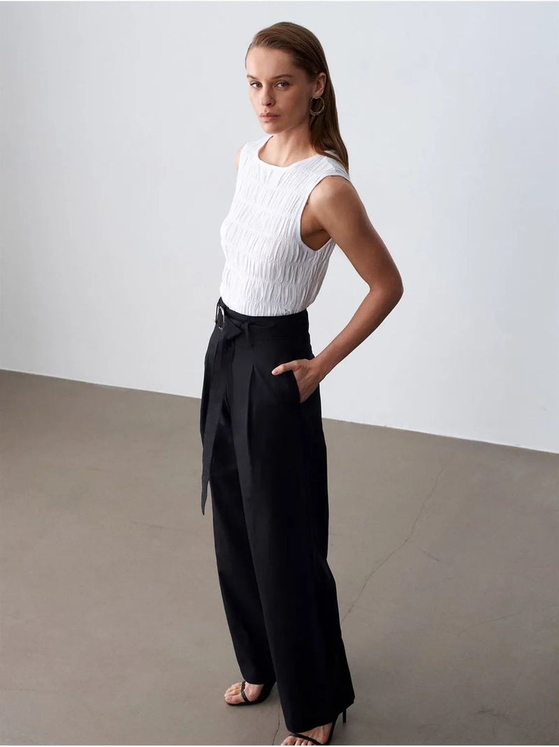 Pantalones de mezcla de lino de pernera ancha con cinturón dilvin Negro - Kiabi
