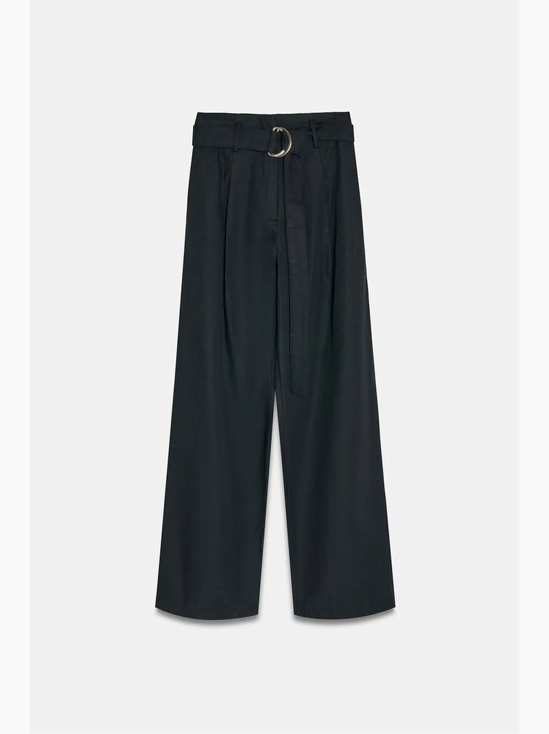 Pantalones de mezcla de lino de pernera ancha con cinturón dilvin Negro - Kiabi