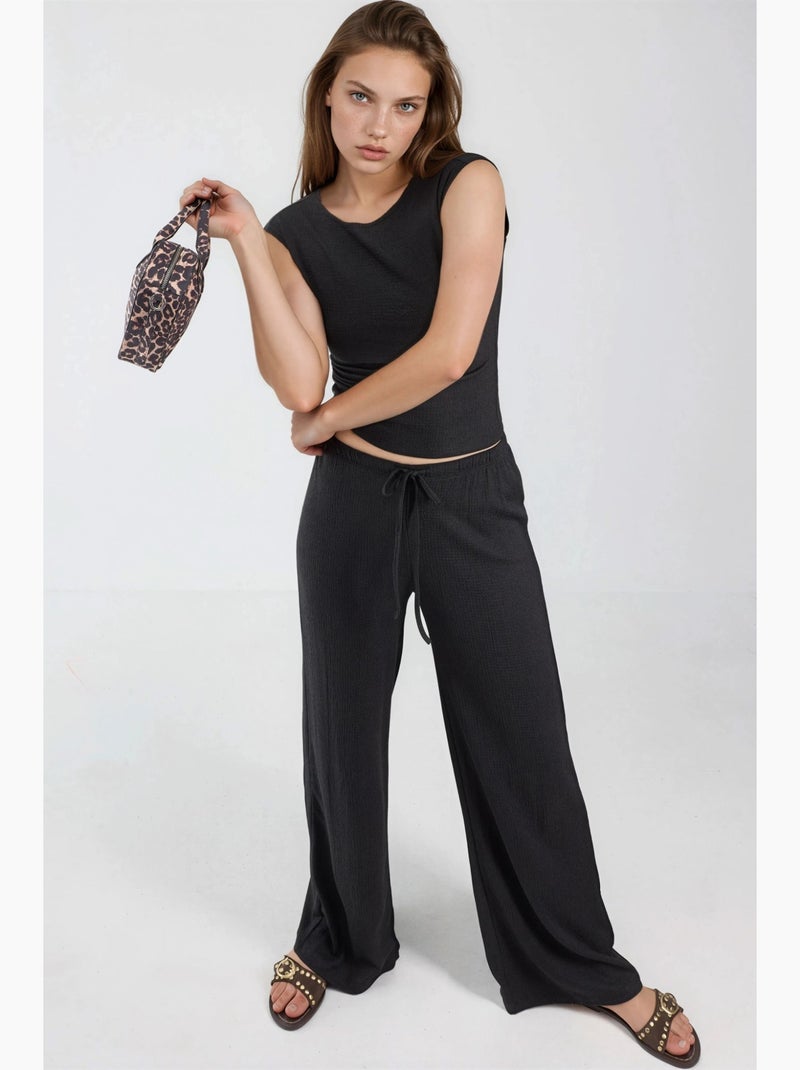 Pantalones de pierna ancha con cintura de cordón busem Negro - Kiabi