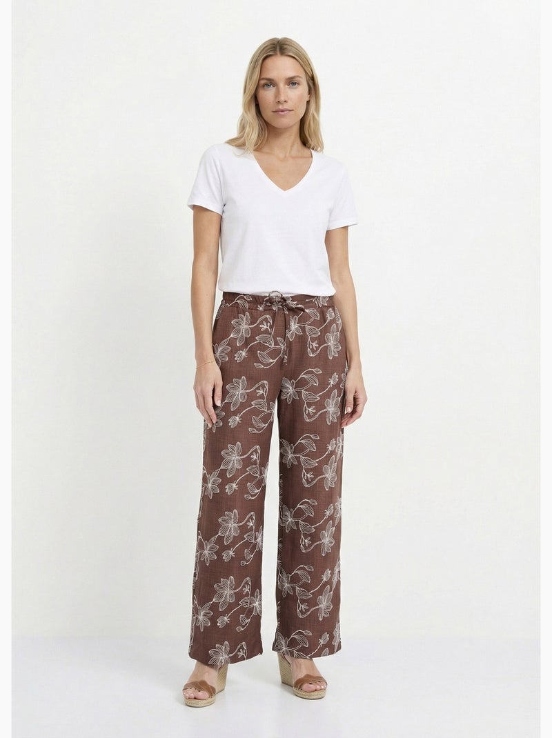 Pantalones de pierna ancha con estampados florales. - Afibel Marrón chocolate - Kiabi