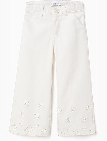 Pantalones de pierna ancha de sarga con bordado inglés