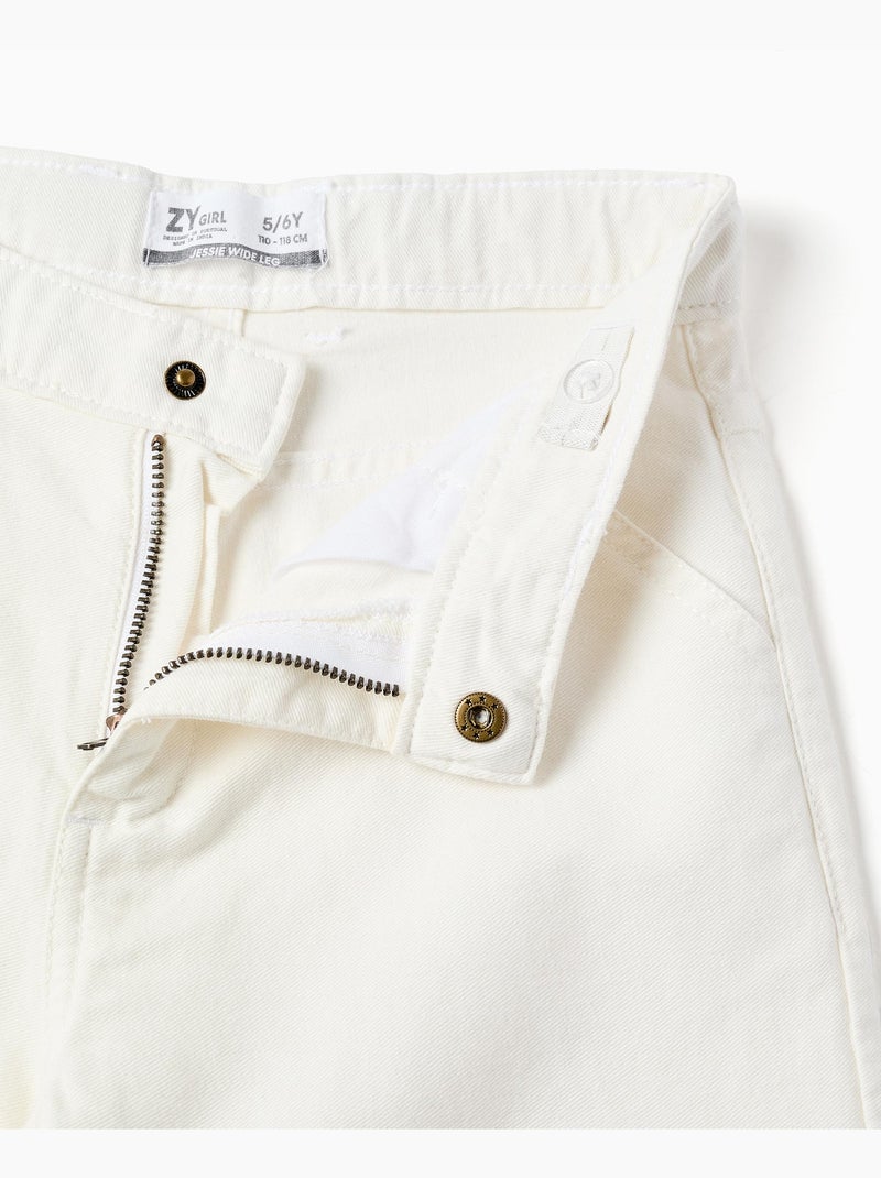 Pantalones de pierna ancha de sarga con bordado inglés Beige claro - Kiabi