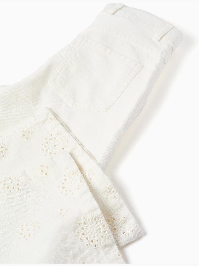 Pantalones de pierna ancha de sarga con bordado inglés Beige claro - Kiabi