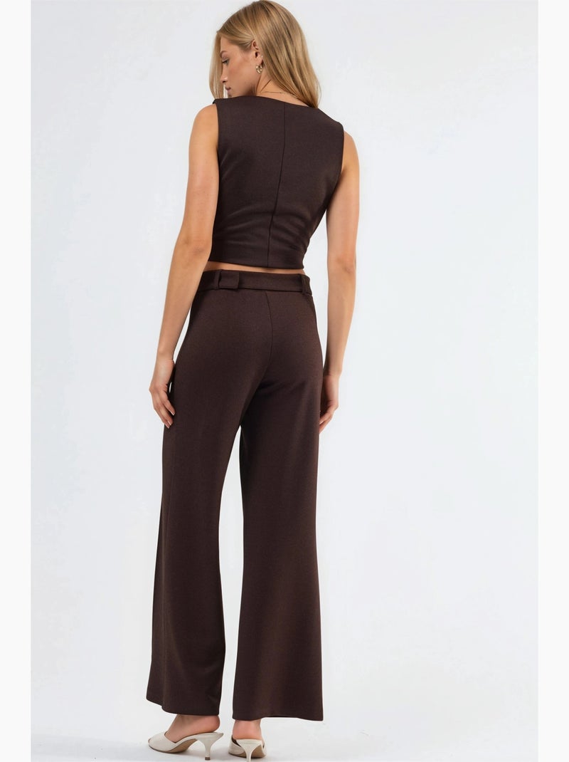 Pantalones de pierna recta de talle alto con cinturón busem Marrón chocolate - Kiabi