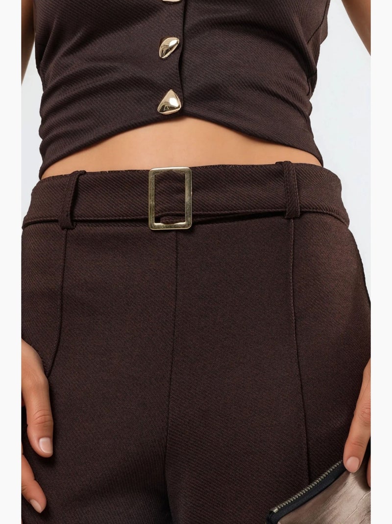 Pantalones de pierna recta de talle alto con cinturón busem Marrón chocolate - Kiabi