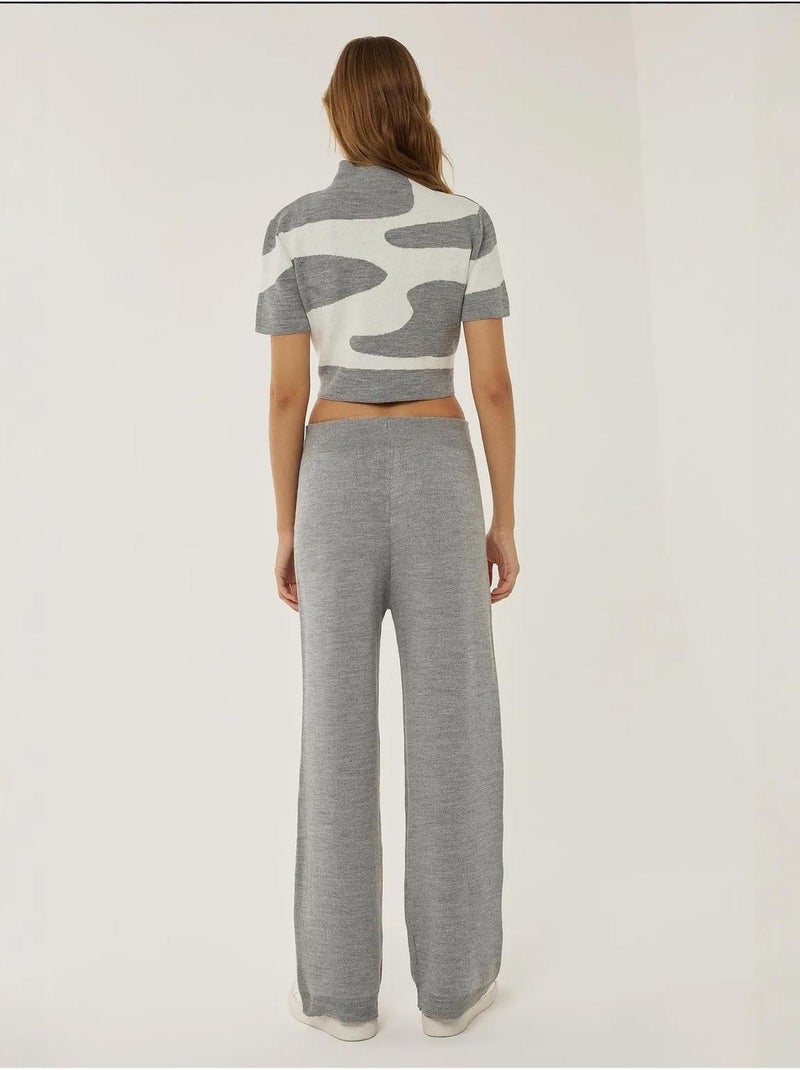 Pantalones de punto de cintura alta y pierna ancha Gris - Kiabi