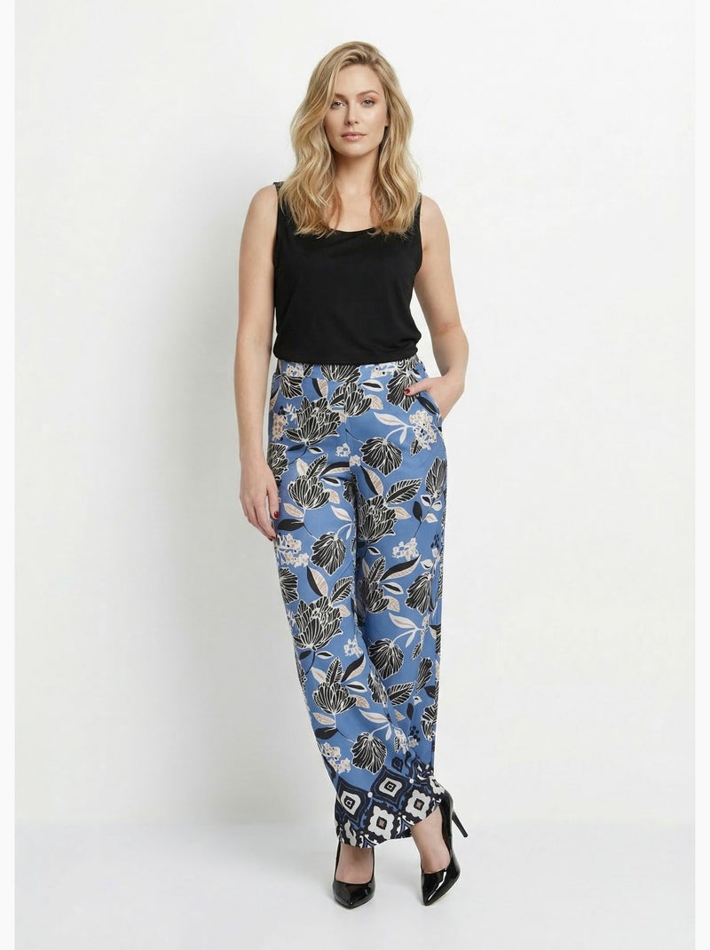 Pantalones de satén con estampado floral oriental. - Afibel Azul - Kiabi