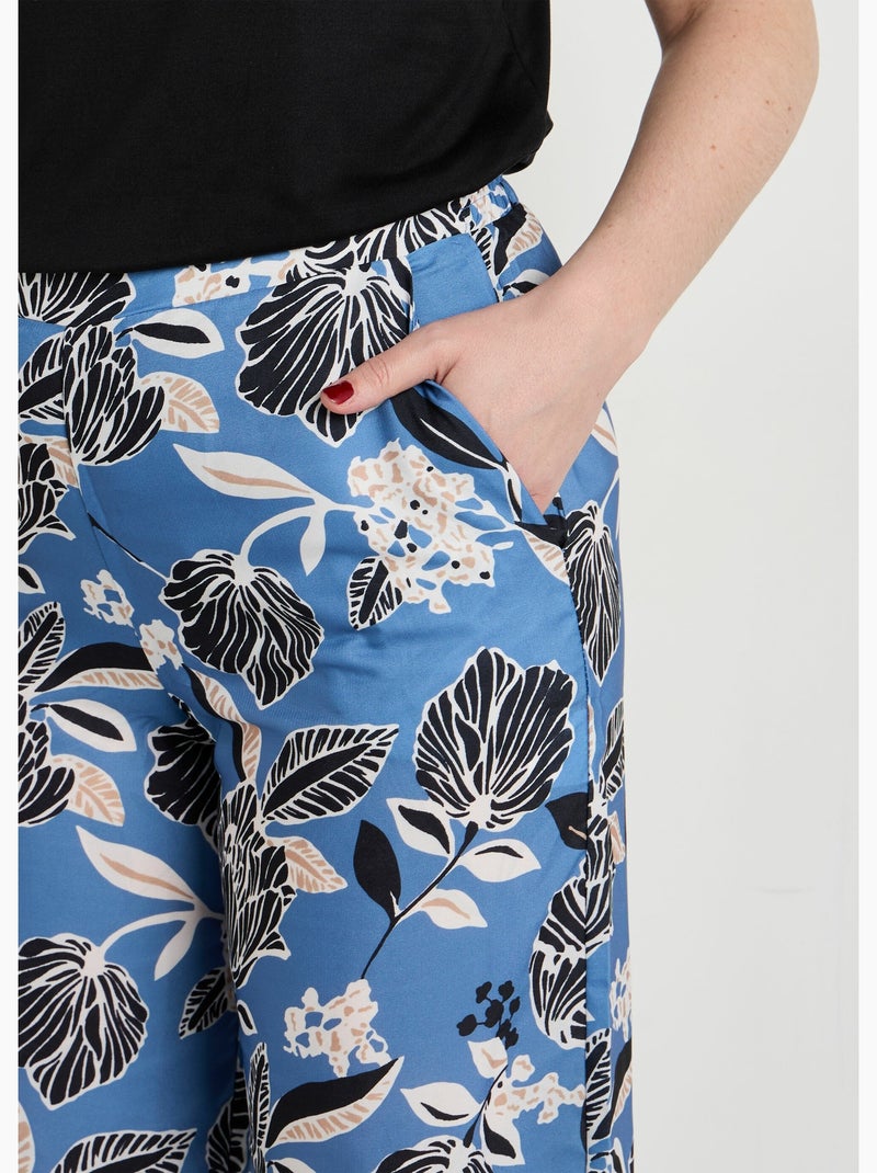 Pantalones de satén con estampado floral oriental. - Afibel Azul - Kiabi