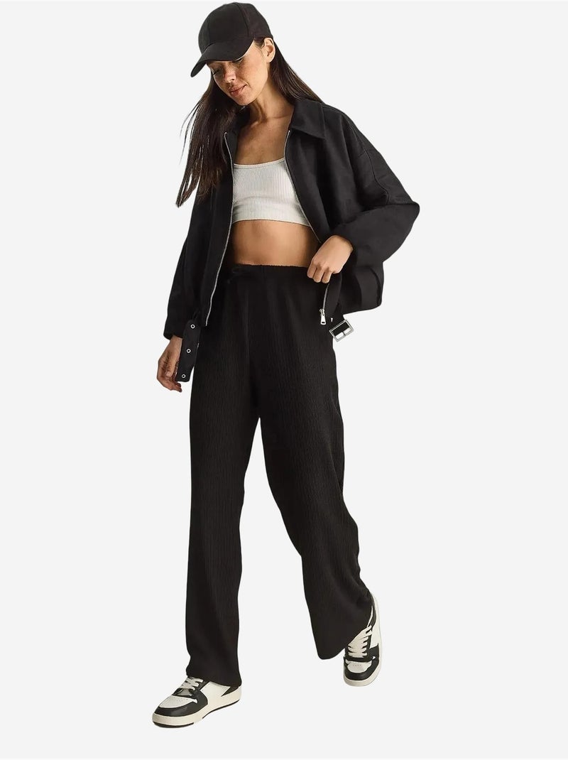 Pantalones de seersucker de cintura alta y pierna ancha lucci Negro - Kiabi