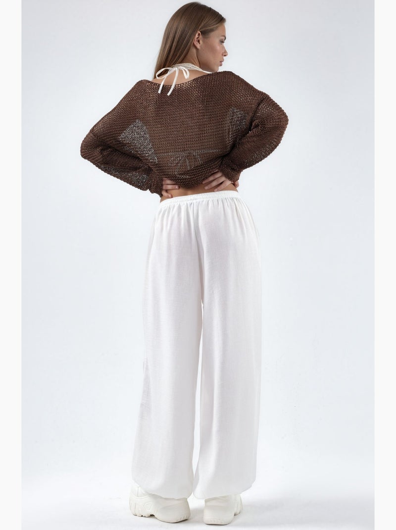 Pantalones de tejido de pierna ancha con cintura de cordón busem Blanco - Kiabi