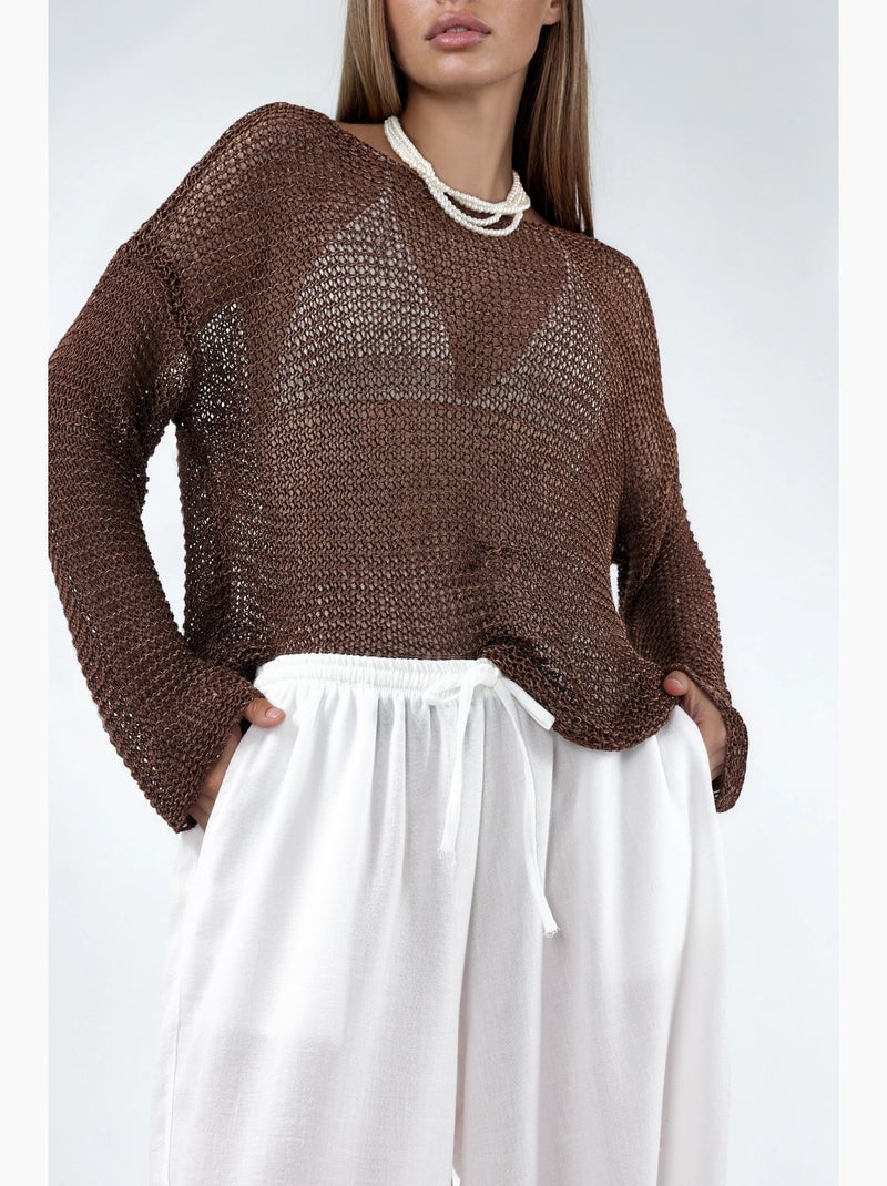 Pantalones de tejido de pierna ancha con cintura de cordón busem Blanco - Kiabi