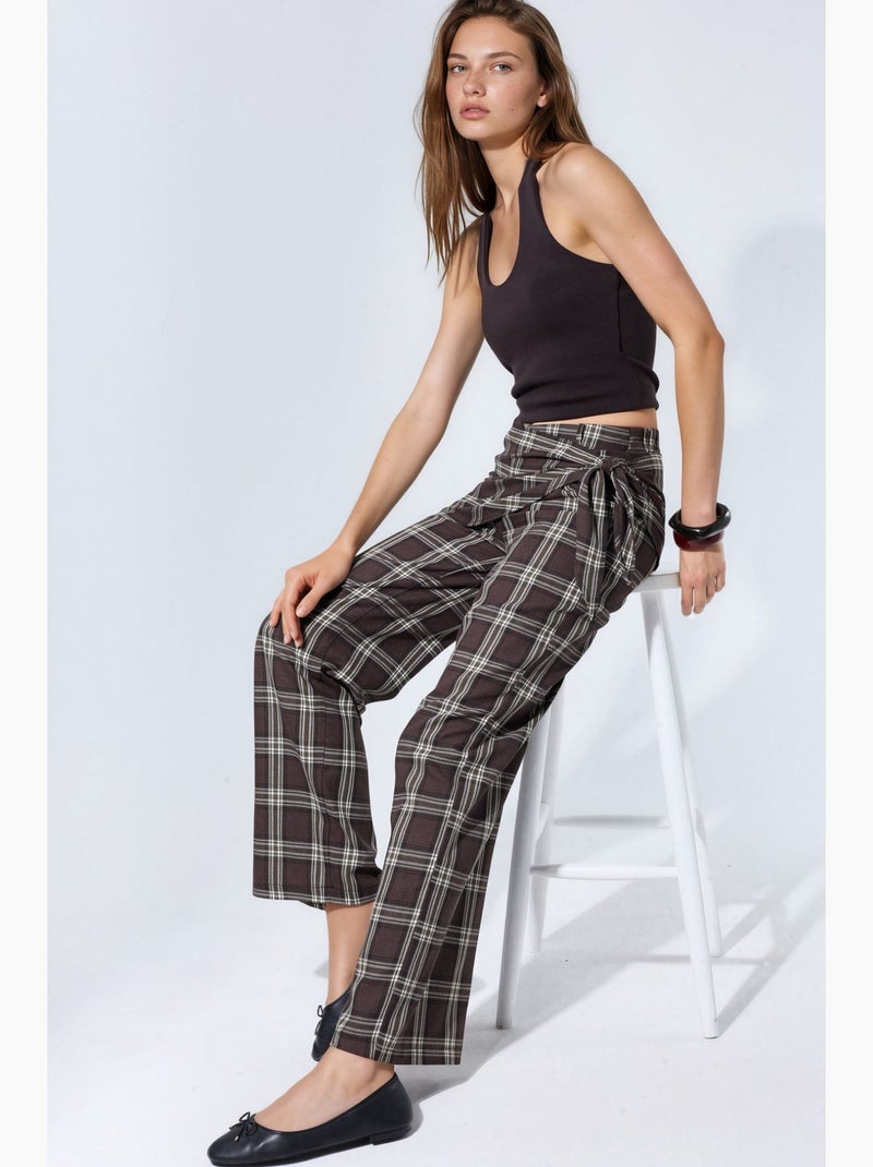 Pantalones de tiro alto de cuadros de pernera ancha hiccup Marrón - Kiabi