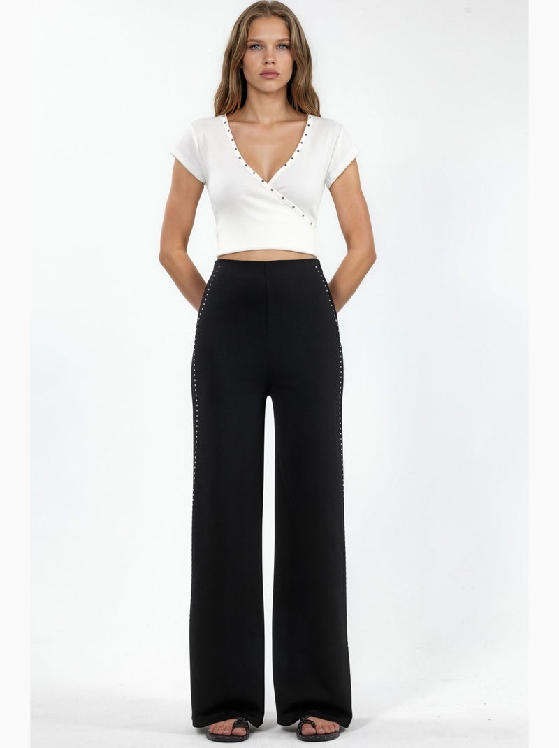 Pantalones de tiro alto de pernera recta con accesorio de piedra hiccup Negro - Kiabi