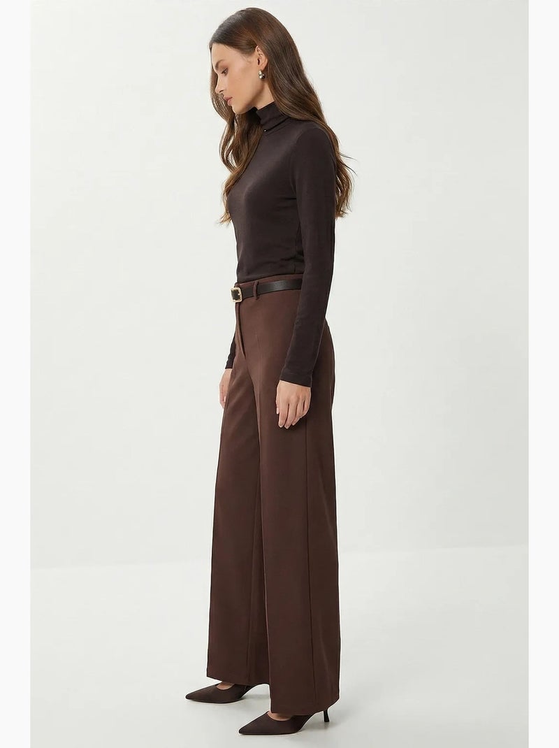 Pantalones de tiro alto y pernera ancha con cinturón istanbul Marrón chocolate - Kiabi