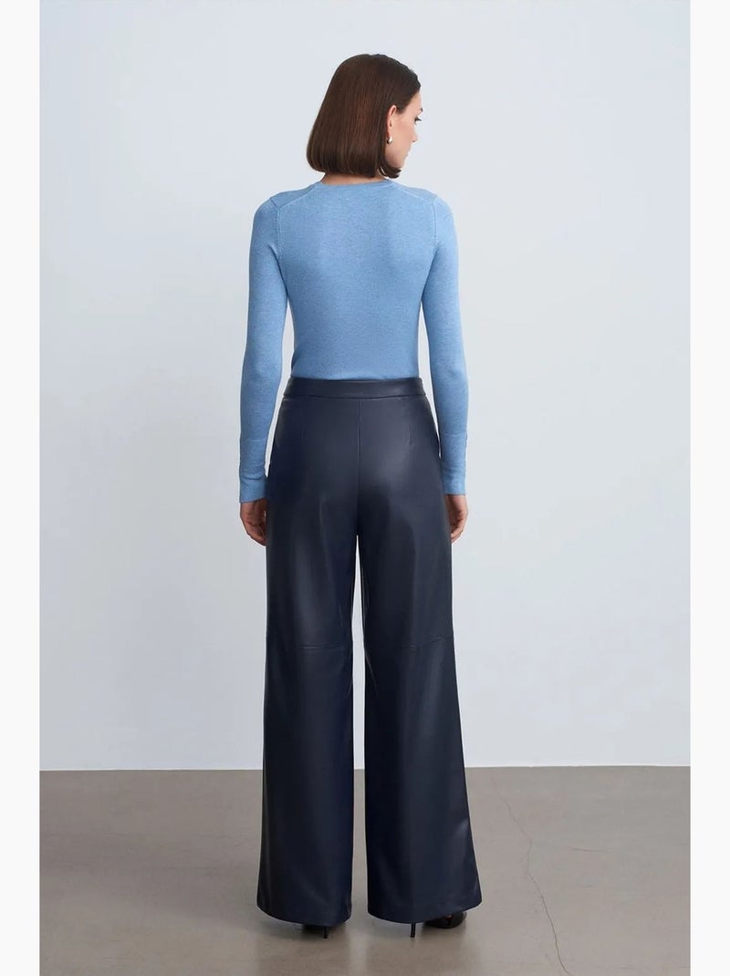 Pantalones de tiro alto y pernera ancha de polipiel dilvin Azul marino - Kiabi