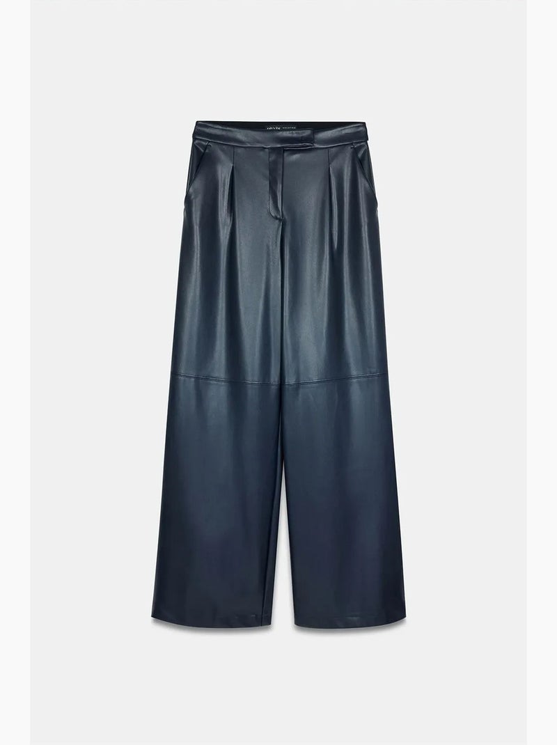 Pantalones de tiro alto y pernera ancha de polipiel dilvin Azul marino - Kiabi