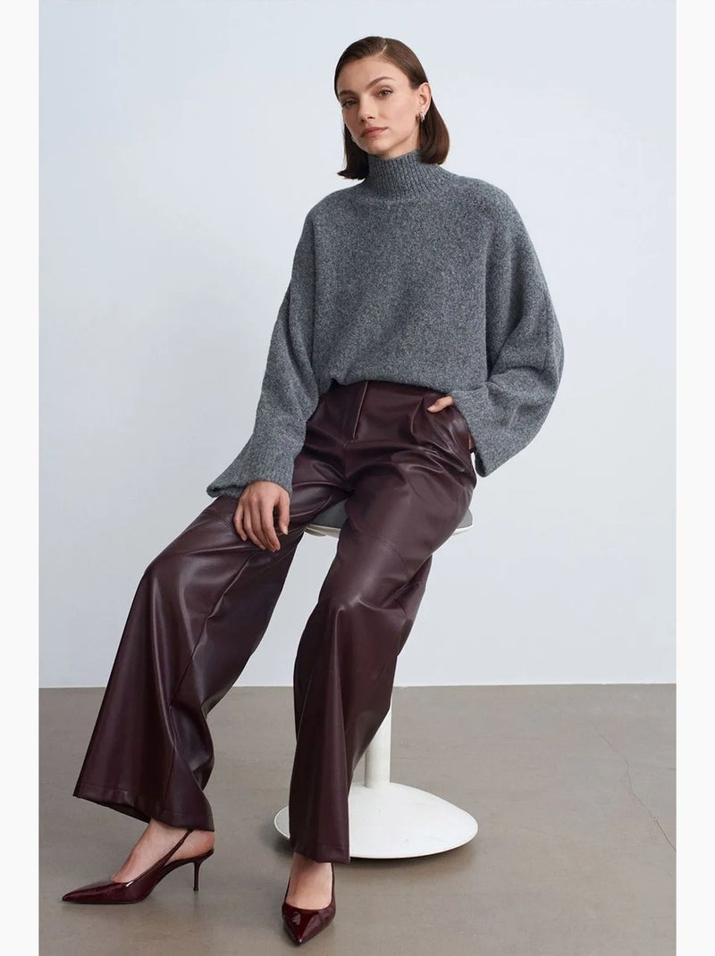 Pantalones de tiro alto y pernera ancha de polipiel dilvin Rojo burdeos - Kiabi