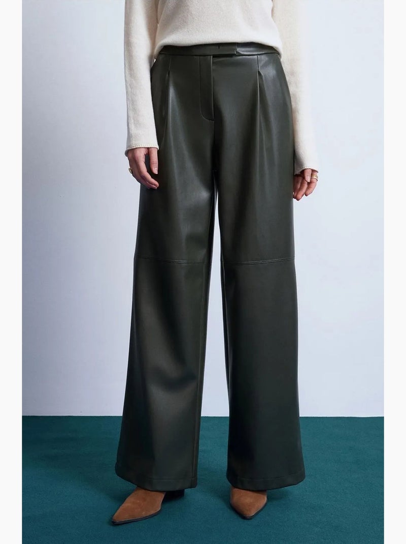 Pantalones de tiro alto y pernera ancha de polipiel dilvin Verde oscuro - Kiabi