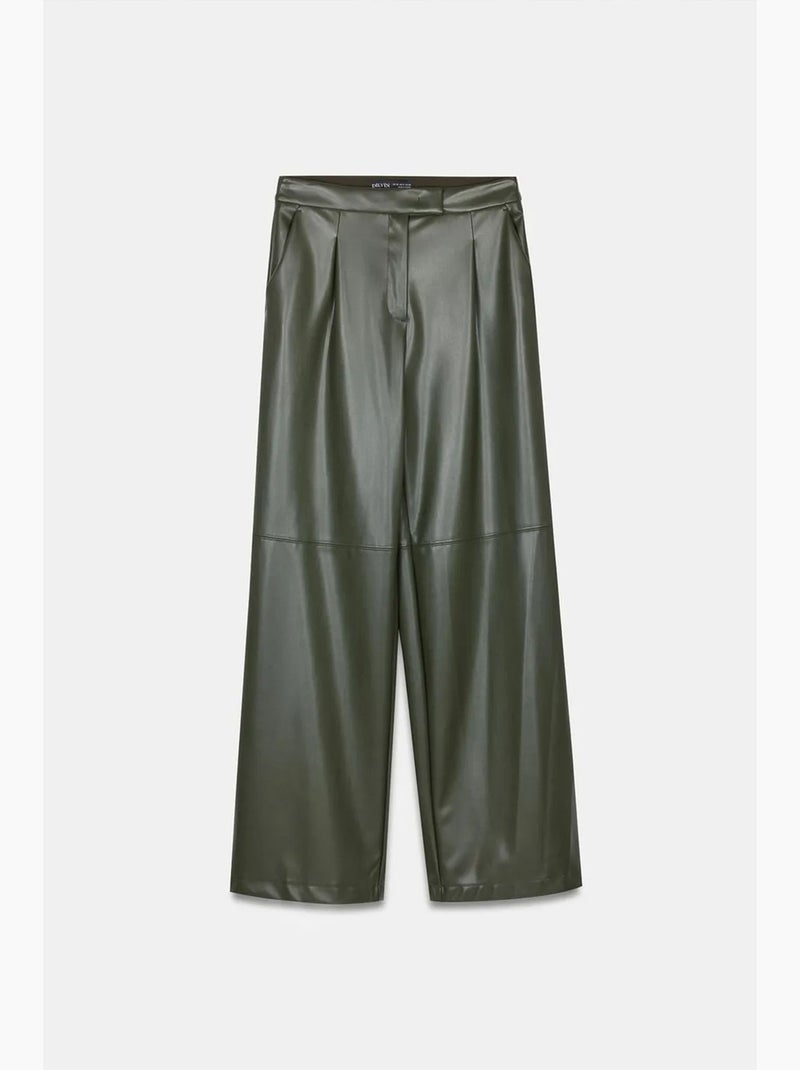 Pantalones de tiro alto y pernera ancha de polipiel dilvin Verde oscuro - Kiabi