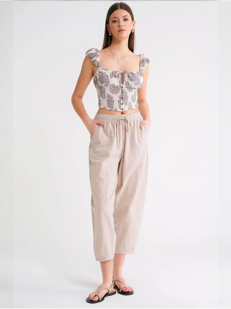Pantalones deportivos de mezcla de lino con cintura con cordón mixray Crema - Kiabi