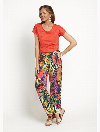 Pantalones elásticos fluidos con estampado floral tropical - Afibel