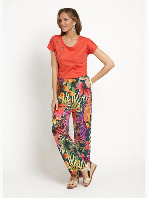 Pantalones elásticos fluidos con estampado floral tropical - Afibel - Kiabi