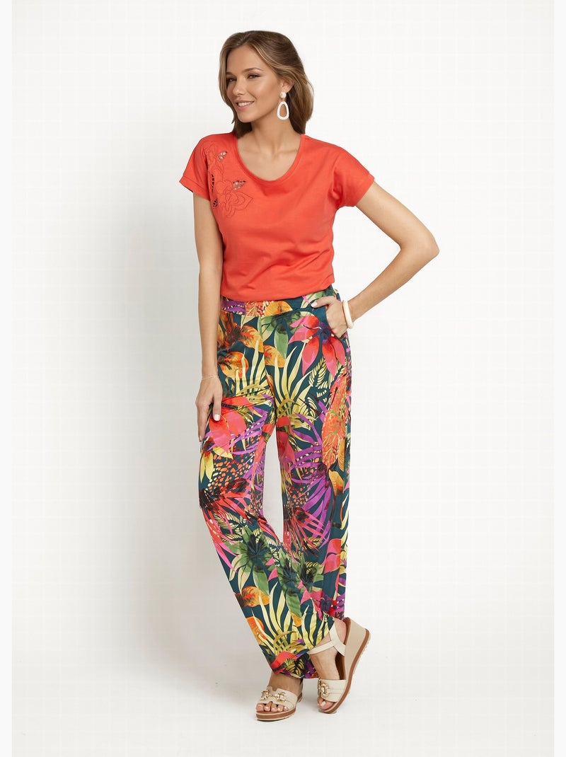 Pantalones elásticos fluidos con estampado floral tropical - Afibel Multicolor - Kiabi