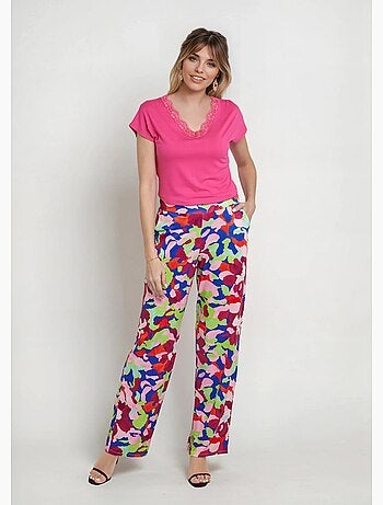 Pantalones elásticos fluidos, estampado floral llamativo - Afibel