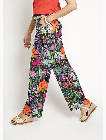 Pantalones elásticos fluidos, estampado floral poético - Afibel