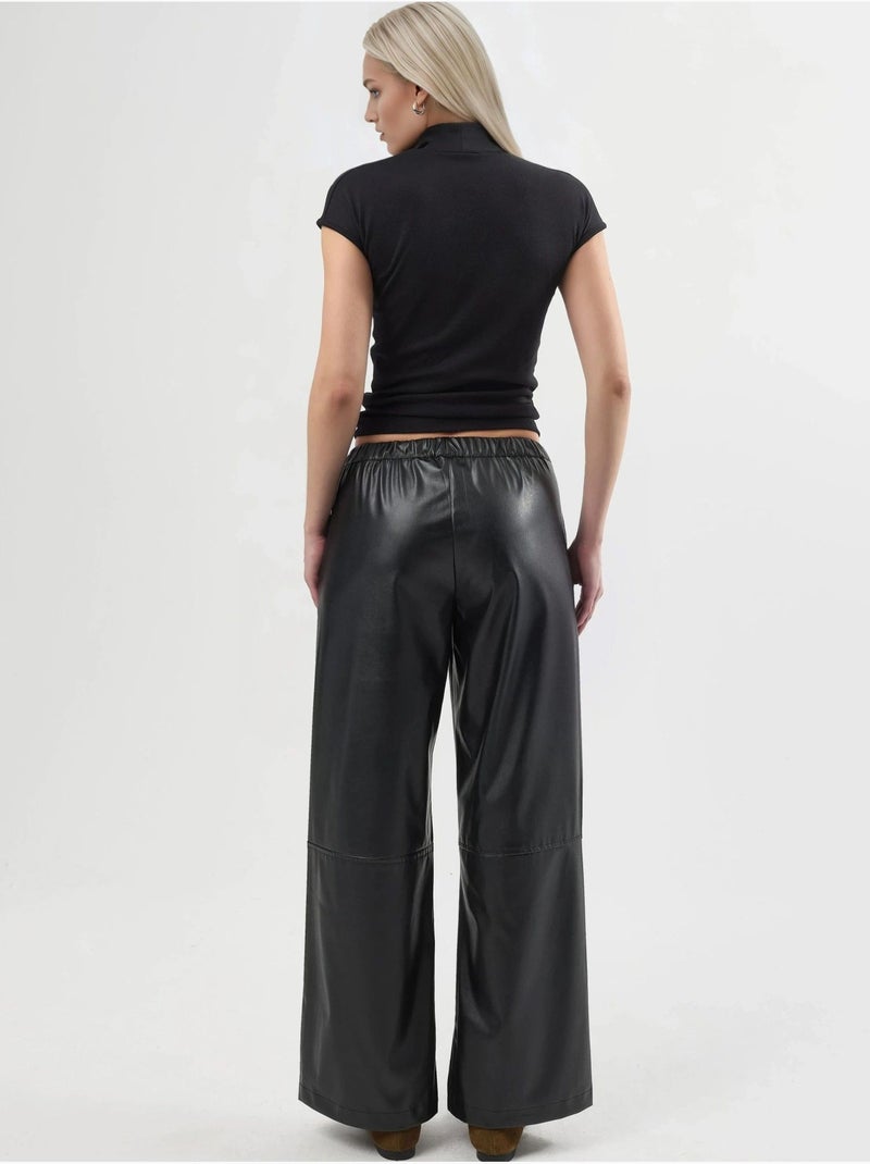Pantalones largos de piel sintética de cintura alta con cordón busem Negro - Kiabi