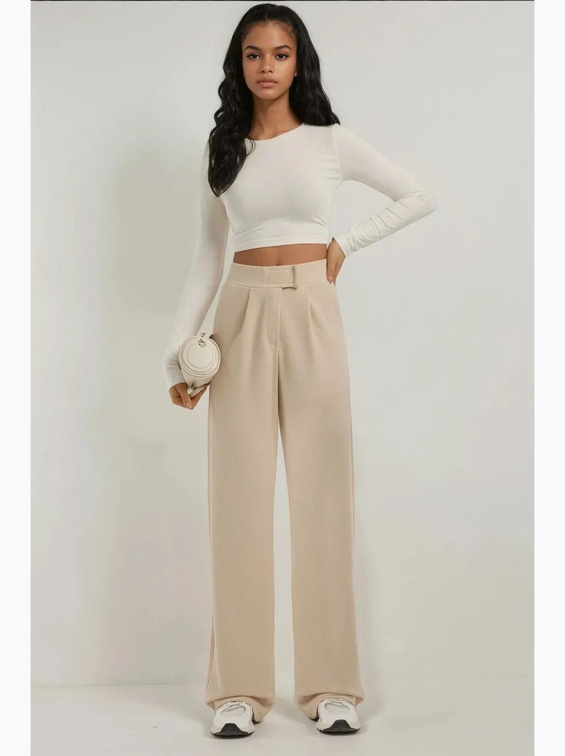 Pantalones palazzo de crepé elástico de cintura alta hiccup Beige arcilla - Kiabi